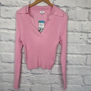 Cabana by Crown & Ivy Ribbed Polo Sweater Women XL Pink NEW Long Sleeve V-Neck